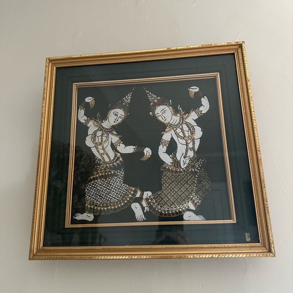 Vintage framed Thai Ramakien silk painting  epic Kinnari mythical bird human